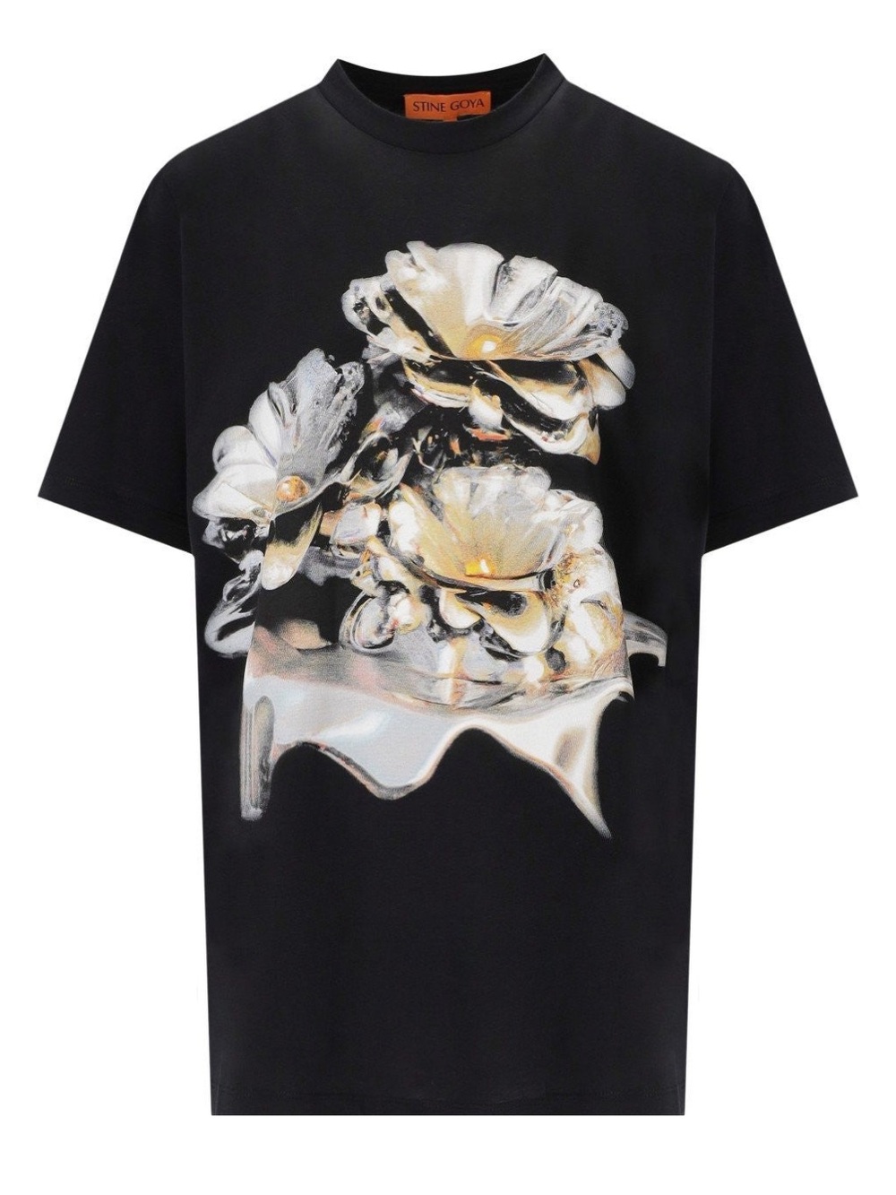 STINE GOYA Black Tee with Metallic Floral Print